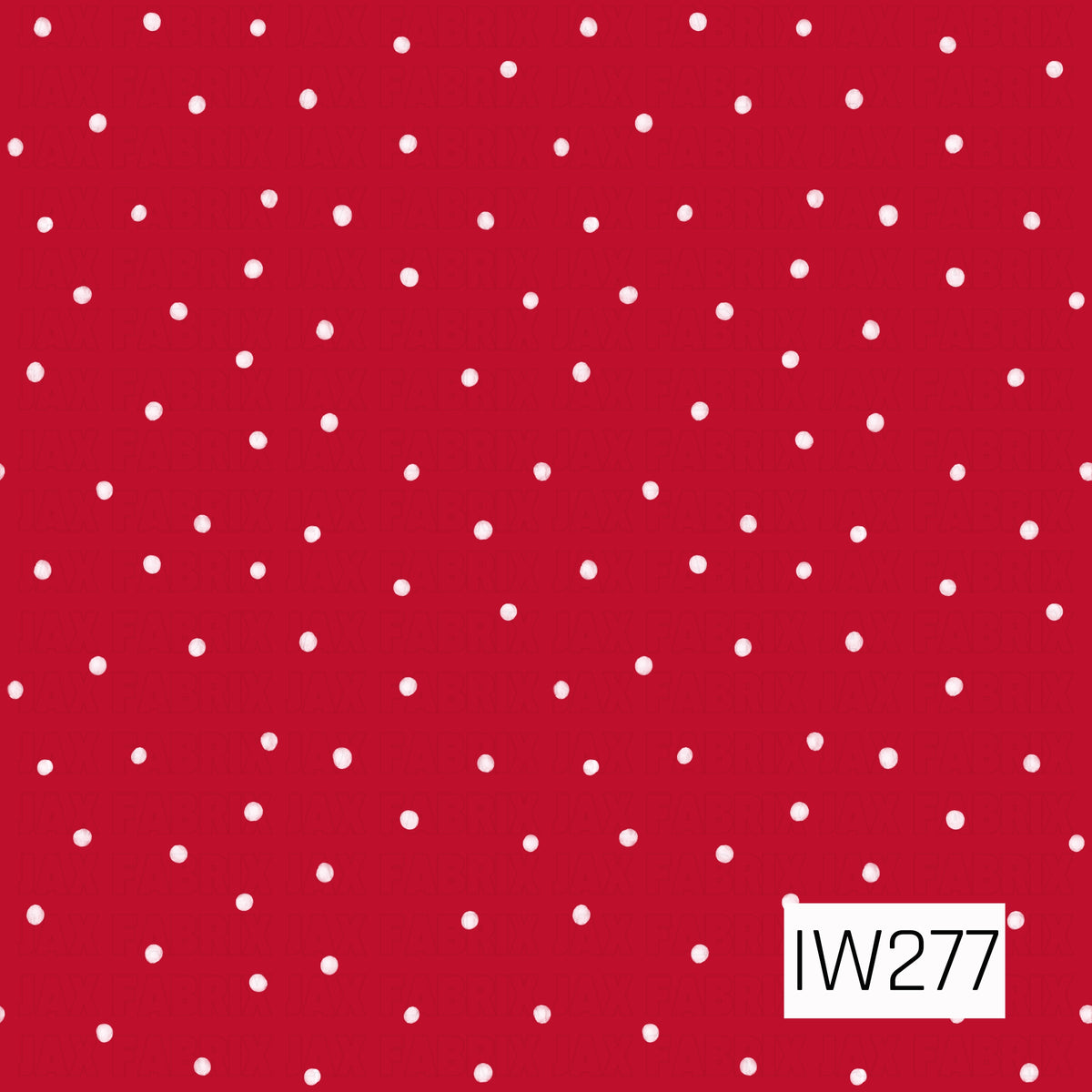A cheerful polka dot pattern featuring small, softly textured white dots scattered across a vibrant Christmas red background. The slightly irregular, hand-painted dots add a sweet, whimsical touch, resembling tiny snowflakes against the festive red.