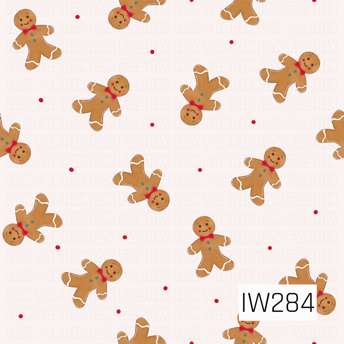 A playful Christmas pattern featuring adorable gingerbread men scattered in different directions across a soft cream background. Each gingerbread man has rosy cheeks, a bright red bow tie, teal buttons, and delicate white icing details, with tiny red polka dots sprinkled throughout for an extra festive touch.