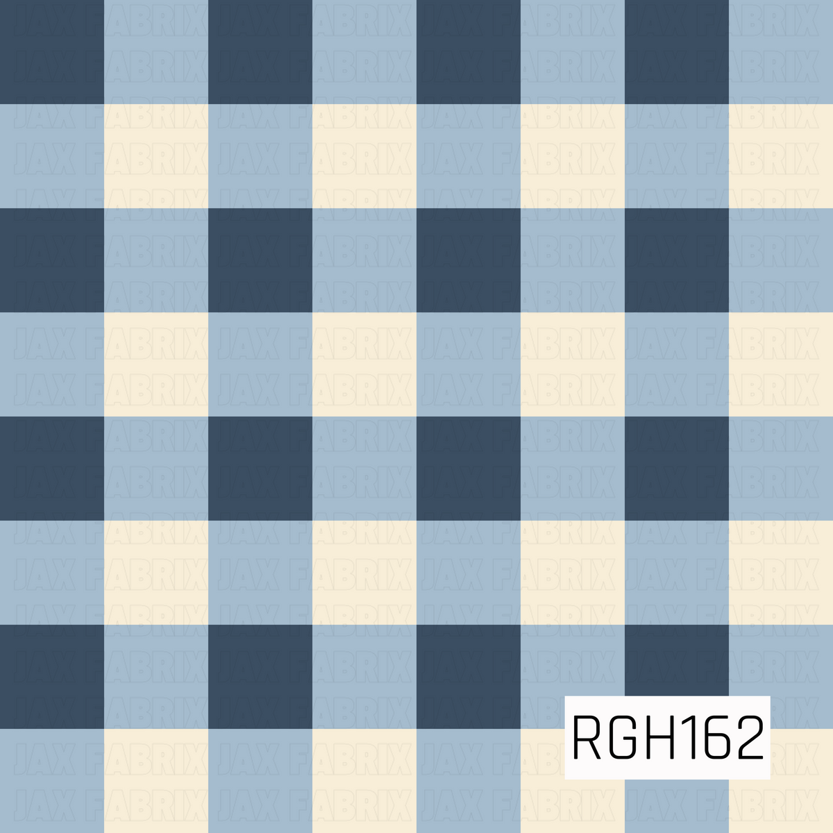 A classic gingham check pattern featuring alternating squares of deep slate blue, soft dusty blue, and warm ivory cream. Overlapping horizontal and vertical bands create subtle variations in blue tones, giving the design a soft, layered appearance. The muted color palette offers a timeless, cozy look with a charming vintage-inspired feel.