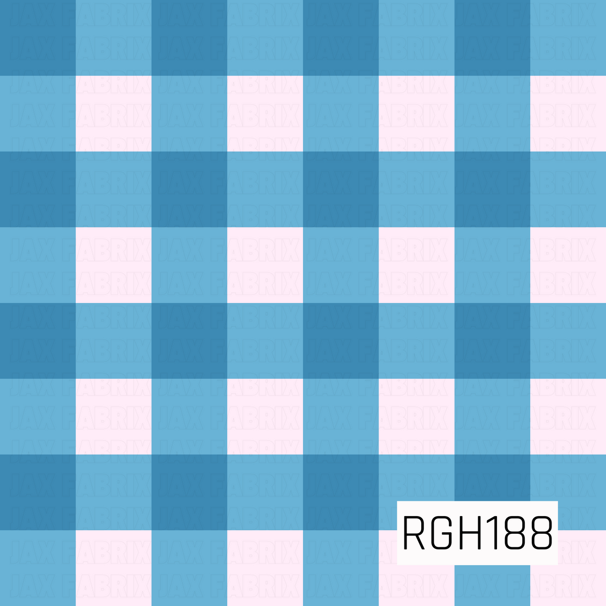 A classic gingham pattern featuring alternating squares of vibrant medium blue, soft sky blue, and pale blush white. The overlapping horizontal and vertical stripes create a timeless checkered design with a fresh, cheerful, and playful feel.