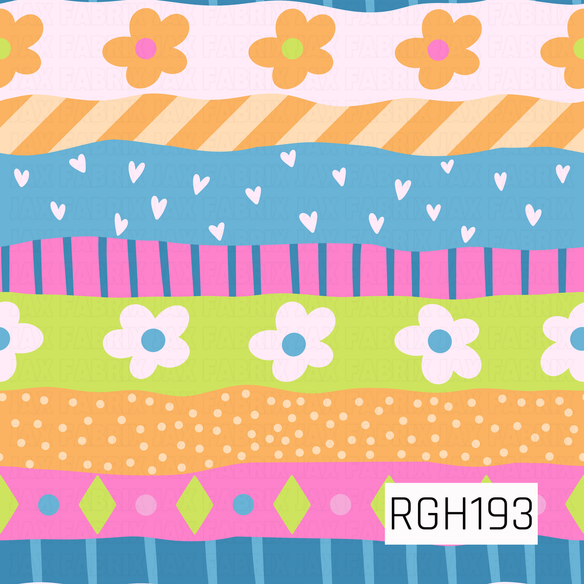 A bright and playful patchwork-inspired pattern featuring wavy horizontal bands filled with cheerful flowers, tiny hearts, diagonal stripes, polka dots, vertical stripes, and geometric shapes. Vibrant shades of pink, lime green, orange, and blue create a fun, retro-inspired design with a whimsical, groovy feel.