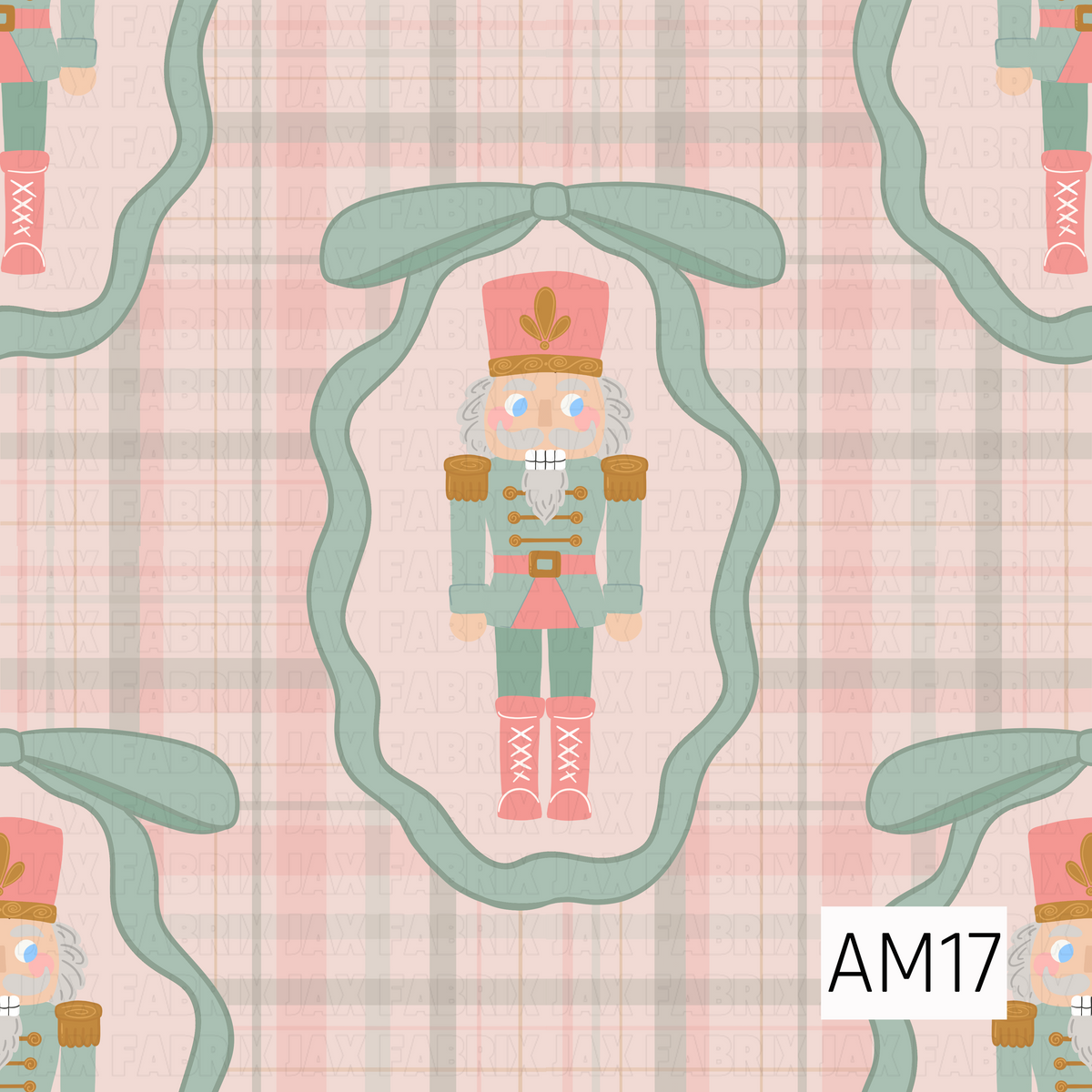 A sweet pastel holiday pattern featuring classic nutcrackers dressed in soft sage green and pink with gold accents. Each nutcracker is framed by an oversized flowing sage bow, layered over a delicate blush pink, cream, beige, and gray plaid background.
