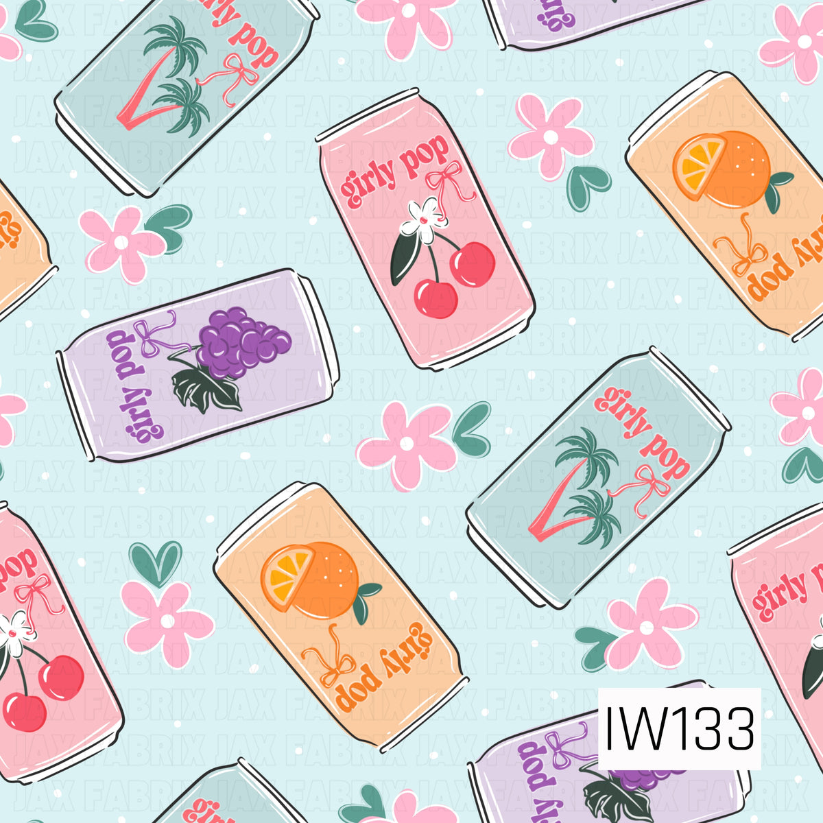 A fun and playful seamless print featuring colorful retro-inspired soda cans scattered across a soft pastel blue background with tiny white polka dots. The cans come in pretty shades of pink, mint green, lavender, and peach, each featuring fruity designs including cherries, oranges, grapes, and tropical palm trees. Playful lettering, decorative bows, scattered pink flowers, and teal hearts add a girly touch, creating a cheerful, funky design with a nostalgic retro feel.