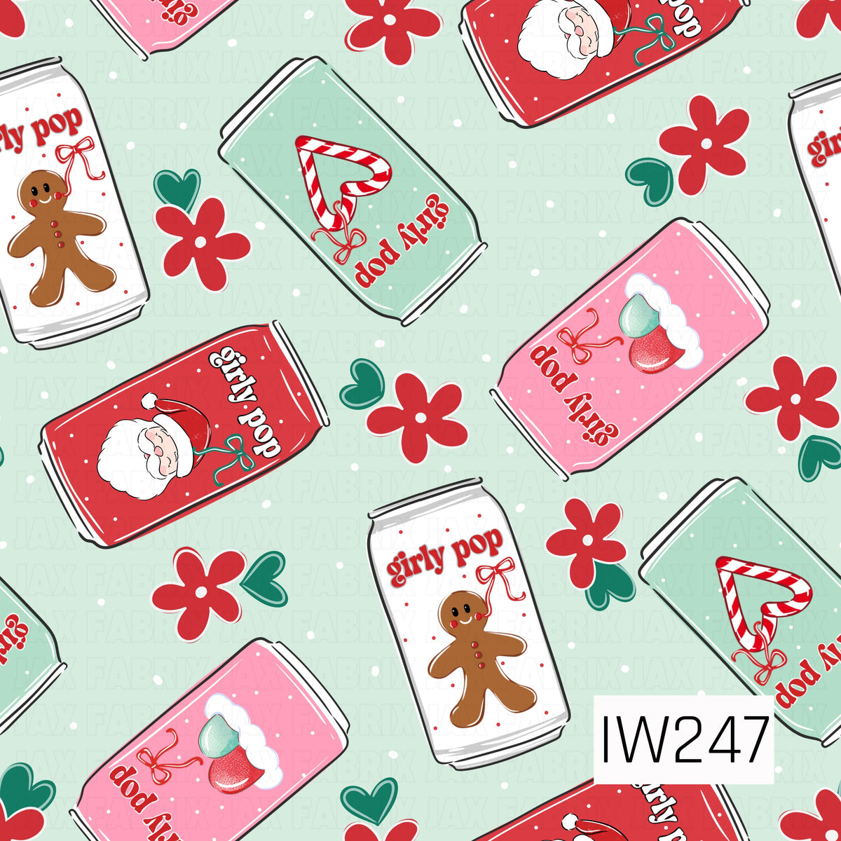 A playful Christmas-inspired pattern featuring colorful soda cans in shades of pink, red, mint green, and white, decorated with adorable Santa faces, smiling gingerbread men, candy cane hearts, and festive stockings. Scattered red flowers, green hearts, and tiny white dots fill the soft mint background, creating a fun, retro-inspired holiday design with a girly twist.