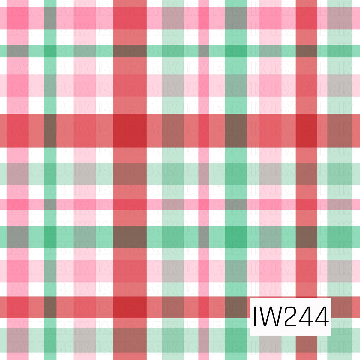A cheerful Christmas plaid featuring overlapping horizontal and vertical stripes in bright red, bubblegum pink, mint green, and soft white. The varying stripe widths and layered colors create a playful, festive pattern with a sweet, girly holiday feel.