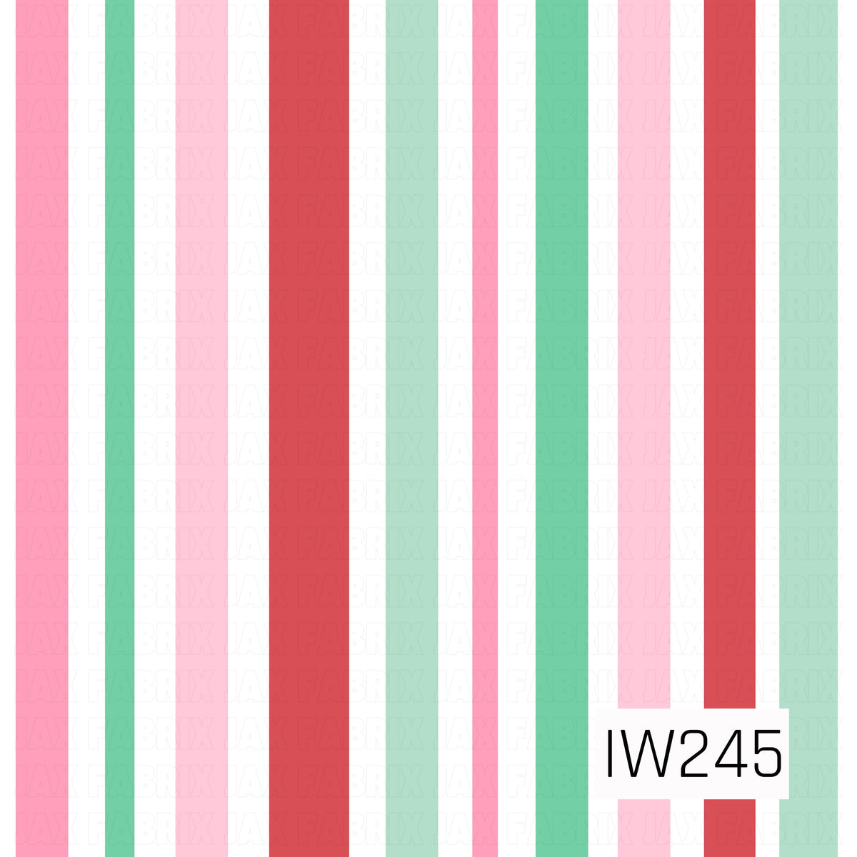 A playful Christmas stripe pattern featuring vertical bands of bright red, bubblegum pink, mint green, and soft blush pink against a crisp white background. The alternating stripe widths create a fun, cheerful design with a sweet and modern holiday feel.