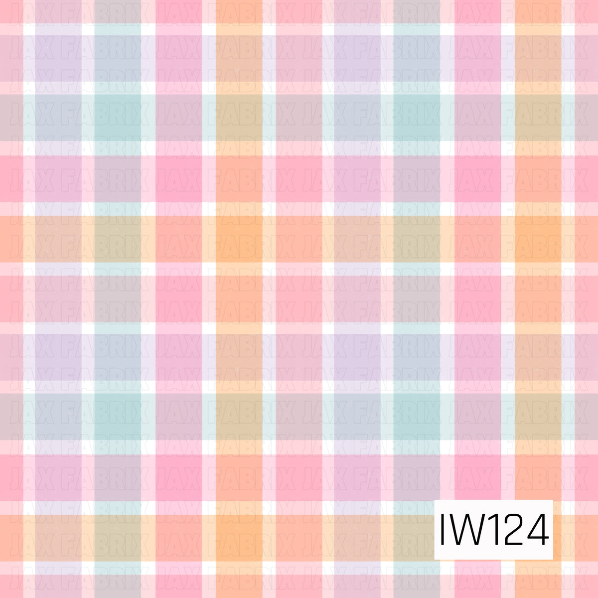 A sweet and colorful seamless plaid pattern featuring overlapping horizontal and vertical stripes in soft shades of bubblegum pink, peach, lavender, baby blue, and blush. The semi-transparent stripes create a beautiful mix of pastel tones where they intersect, while crisp white lines add definition throughout. This playful, feminine design has a fresh springtime feel with a soft, dreamy color palette.