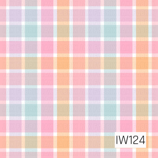 A sweet and colorful seamless plaid pattern featuring overlapping horizontal and vertical stripes in soft shades of bubblegum pink, peach, lavender, baby blue, and blush. The semi-transparent stripes create a beautiful mix of pastel tones where they intersect, while crisp white lines add definition throughout. This playful, feminine design has a fresh springtime feel with a soft, dreamy color palette.