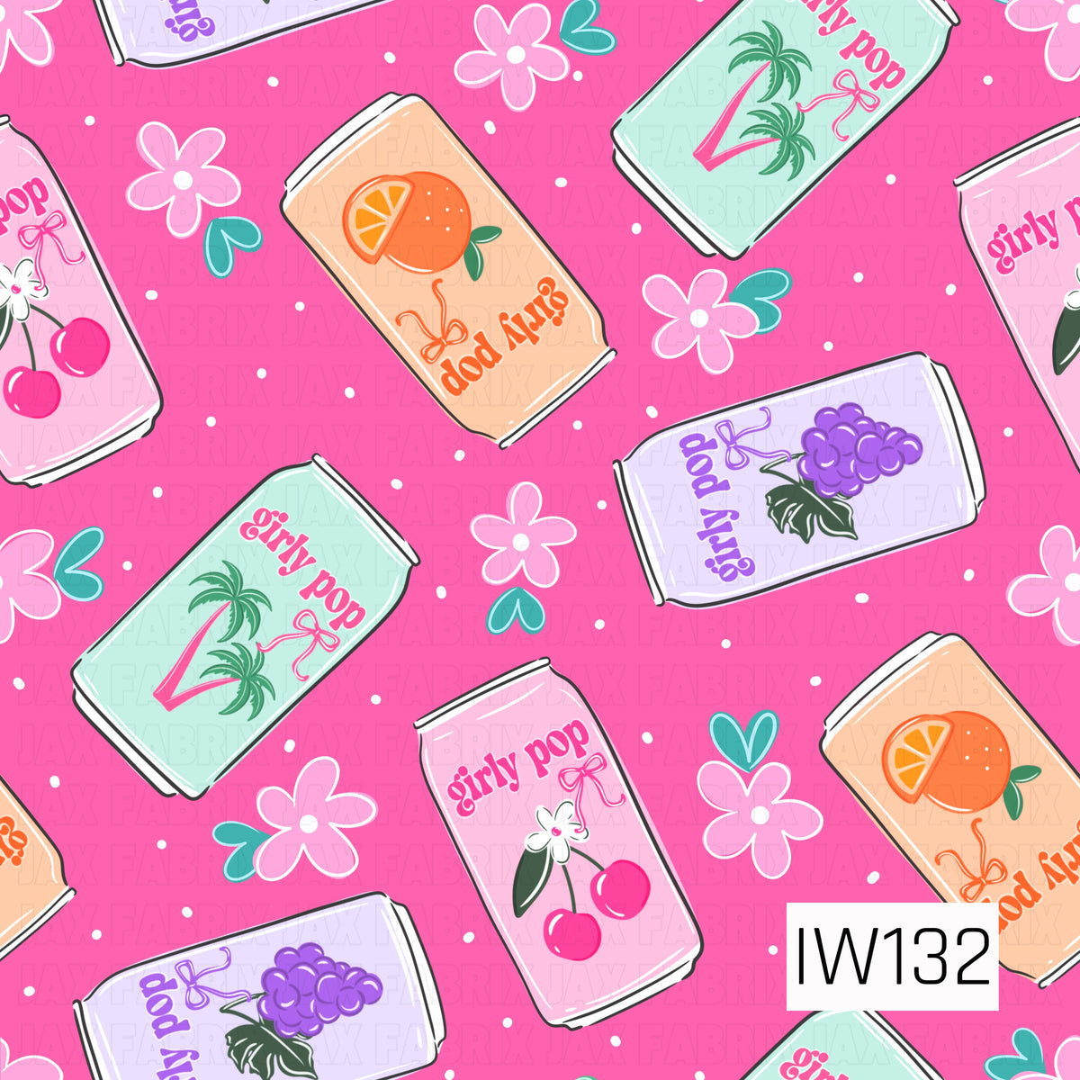 A bright and playful seamless print featuring retro-inspired soda cans scattered across a vibrant hot pink background with tiny white polka dots. The colorful cans come in soft shades of peach, mint green, lavender, and pink, each featuring fun fruity designs including oranges, cherries, grapes, and tropical palm trees. Playful lettering, delicate bows, pink flowers, and teal hearts add a girly touch, creating a funky, cheerful design with a nostalgic retro feel.