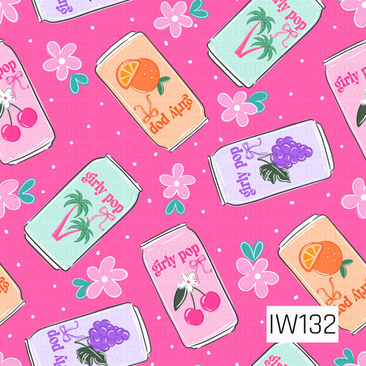 A bright and playful seamless print featuring retro-inspired soda cans scattered across a vibrant hot pink background with tiny white polka dots. The colorful cans come in soft shades of peach, mint green, lavender, and pink, each featuring fun fruity designs including oranges, cherries, grapes, and tropical palm trees. Playful lettering, delicate bows, pink flowers, and teal hearts add a girly touch, creating a funky, cheerful design with a nostalgic retro feel.