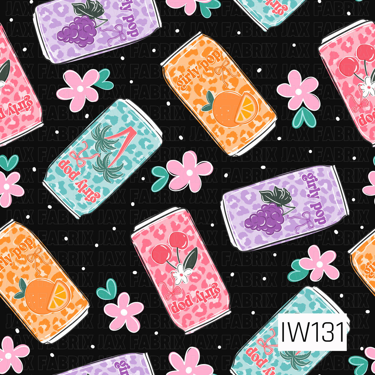 A bold and playful seamless print featuring colorful retro-inspired soda cans scattered across a black background with tiny white polka dots. Each can features vibrant pink, turquoise, orange, and lavender leopard prints with fun fruity designs, including cherries, oranges, grapes, and tropical palm trees. Playful lettering, decorative bows, scattered pink flowers, and teal hearts add a girly touch, creating a funky, nostalgic design full of personality.