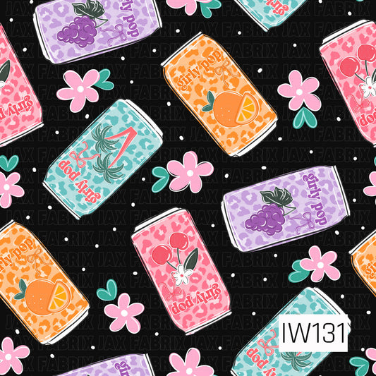 A bold and playful seamless print featuring colorful retro-inspired soda cans scattered across a black background with tiny white polka dots. Each can features vibrant pink, turquoise, orange, and lavender leopard prints with fun fruity designs, including cherries, oranges, grapes, and tropical palm trees. Playful lettering, decorative bows, scattered pink flowers, and teal hearts add a girly touch, creating a funky, nostalgic design full of personality.