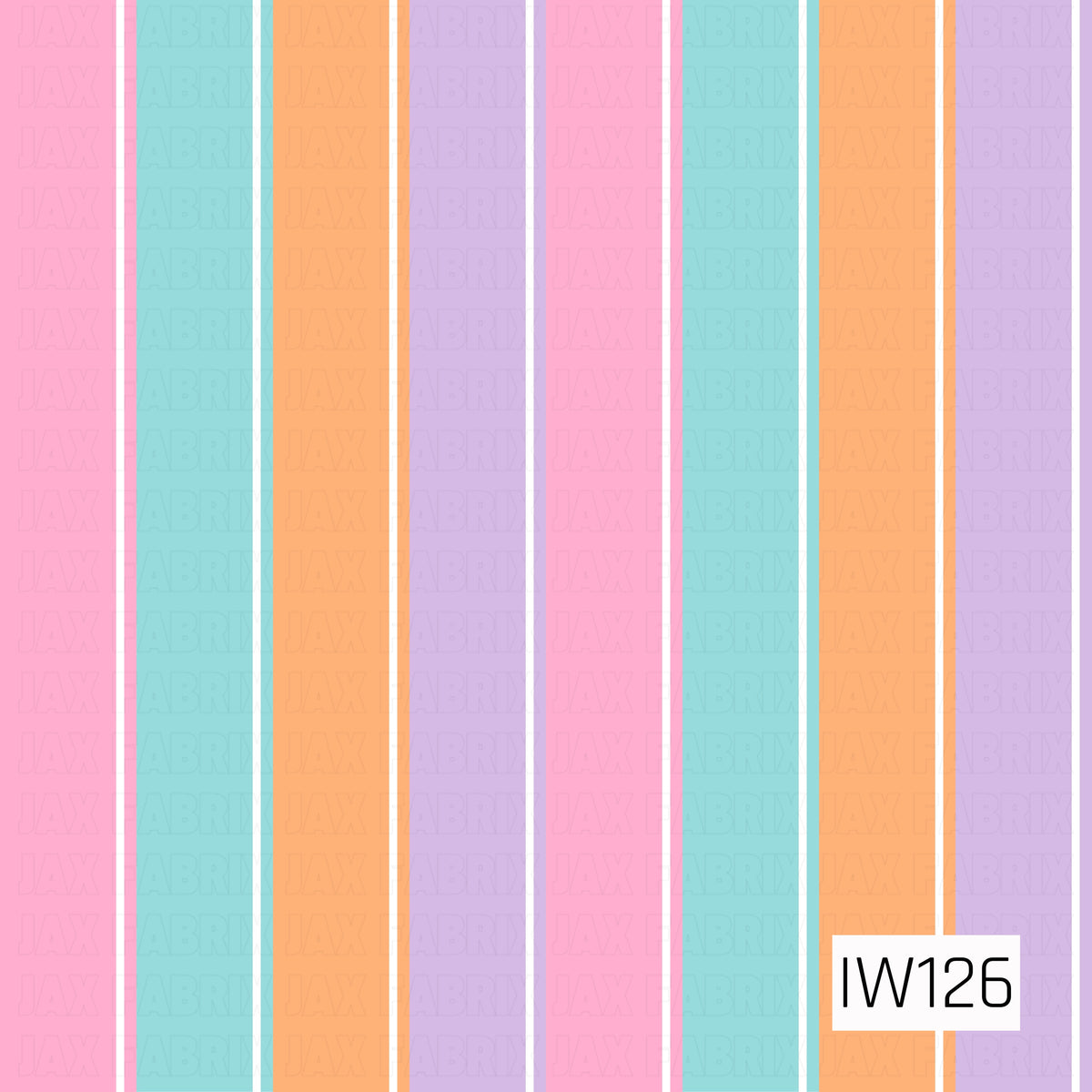 A bright and playful seamless stripe print featuring bold vertical bands of bubblegum pink, turquoise, peachy orange, and soft lavender. Thin white accent lines separate each colorful stripe, creating a clean, cheerful design with a fun retro-inspired feel.