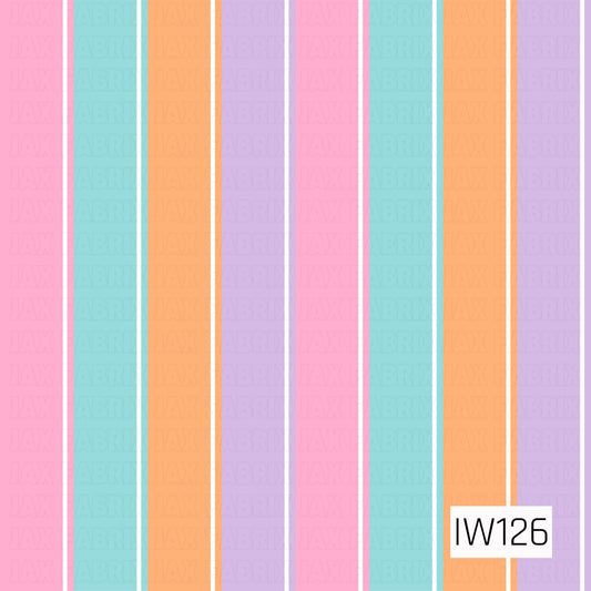 A bright and playful seamless stripe print featuring bold vertical bands of bubblegum pink, turquoise, peachy orange, and soft lavender. Thin white accent lines separate each colorful stripe, creating a clean, cheerful design with a fun retro-inspired feel.