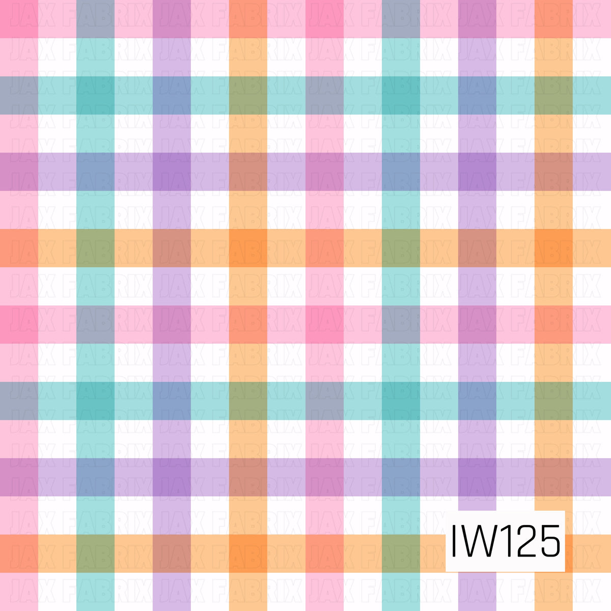 A bright and playful seamless plaid pattern featuring bold overlapping horizontal and vertical stripes in vibrant shades of bubblegum pink, turquoise blue, lavender purple, and warm peachy orange. The semi-transparent stripes create colorful blended squares where they intersect, while crisp white spaces add contrast throughout. This cheerful, feminine design has a fun, preppy feel with a fresh and colorful spring-inspired palette.