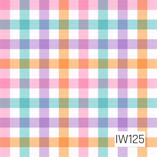 A bright and playful seamless plaid pattern featuring bold overlapping horizontal and vertical stripes in vibrant shades of bubblegum pink, turquoise blue, lavender purple, and warm peachy orange. The semi-transparent stripes create colorful blended squares where they intersect, while crisp white spaces add contrast throughout. This cheerful, feminine design has a fun, preppy feel with a fresh and colorful spring-inspired palette.