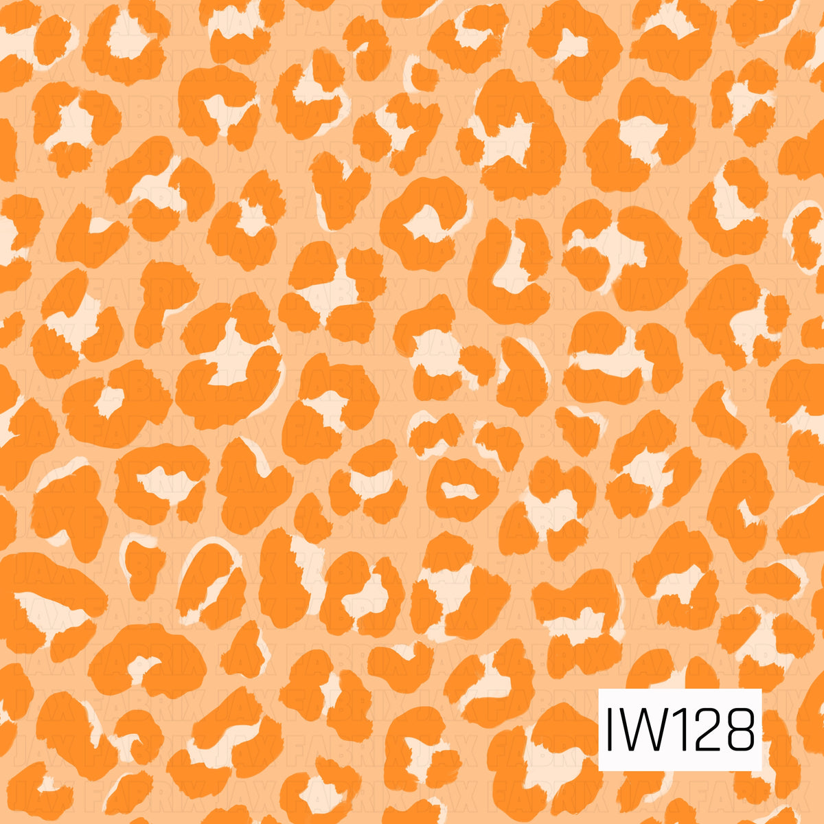 A bold and playful seamless leopard print featuring oversized, irregular bright orange spots scattered across a soft peach background. The spots have textured, slightly uneven edges with creamy white centers, creating a fun, hand-painted appearance. The warm, monochromatic orange color palette gives this classic animal print a bright, trendy, and cheerful twist.