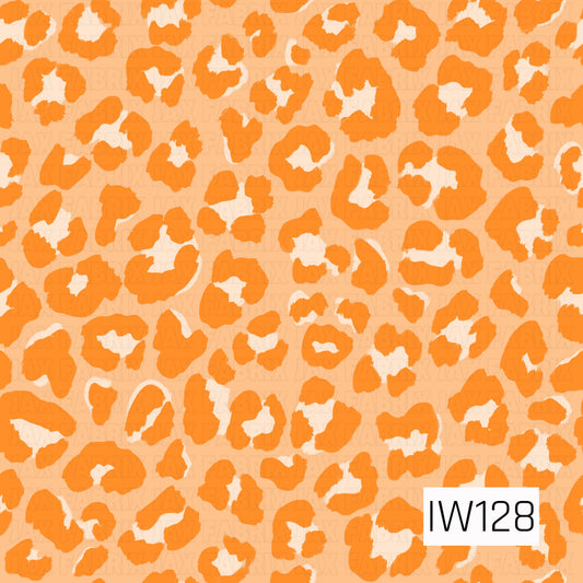 A bold and playful seamless leopard print featuring oversized, irregular bright orange spots scattered across a soft peach background. The spots have textured, slightly uneven edges with creamy white centers, creating a fun, hand-painted appearance. The warm, monochromatic orange color palette gives this classic animal print a bright, trendy, and cheerful twist.