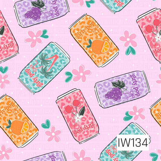 A bold and playful seamless print featuring retro-inspired soda cans scattered across a soft pastel pink background with tiny white polka dots. Each can showcases vibrant pink, turquoise, orange, and lavender leopard prints with fruity designs including cherries, oranges, grapes, and tropical palm trees. Playful lettering, decorative bows, scattered pink flowers, and teal hearts add a girly touch, creating a fun, funky design with a colorful nostalgic feel.