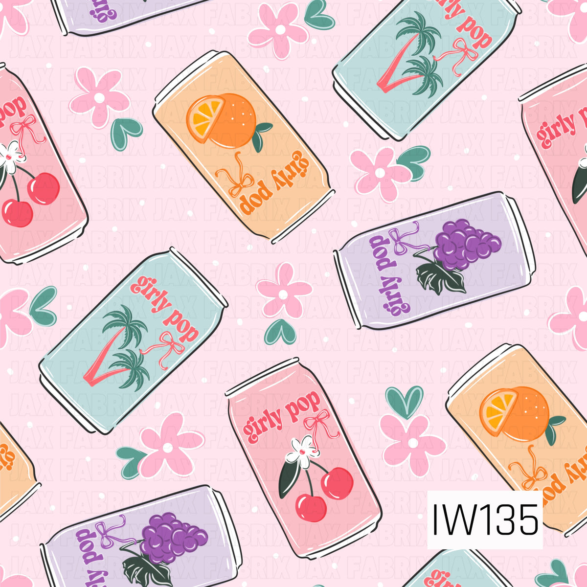 A fun and playful seamless print featuring retro-inspired soda cans scattered across a soft blush pink background with tiny white polka dots. Colorful pastel cans in peach, turquoise, lavender, and pink showcase fruity illustrations of cherries, grapes, and oranges, along with tropical palm trees and playful “girly pop” lettering. Scattered pink flowers, teal hearts, and dainty bow accents complete this sweet, nostalgic design.