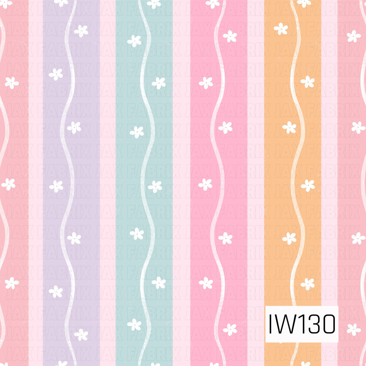 A fun and playful seamless stripe pattern featuring wide vertical stripes in soft shades of pink, lavender, aqua blue, and peachy orange. Each colorful stripe is accented with delicate white wavy lines and scattered tiny white daisies. The subtle textured finish gives the design a soft, hand-painted appearance, creating a cheerful, retro-inspired floral print with a girly pastel color palette.