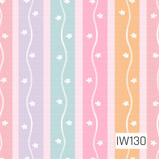 A fun and playful seamless stripe pattern featuring wide vertical stripes in soft shades of pink, lavender, aqua blue, and peachy orange. Each colorful stripe is accented with delicate white wavy lines and scattered tiny white daisies. The subtle textured finish gives the design a soft, hand-painted appearance, creating a cheerful, retro-inspired floral print with a girly pastel color palette.
