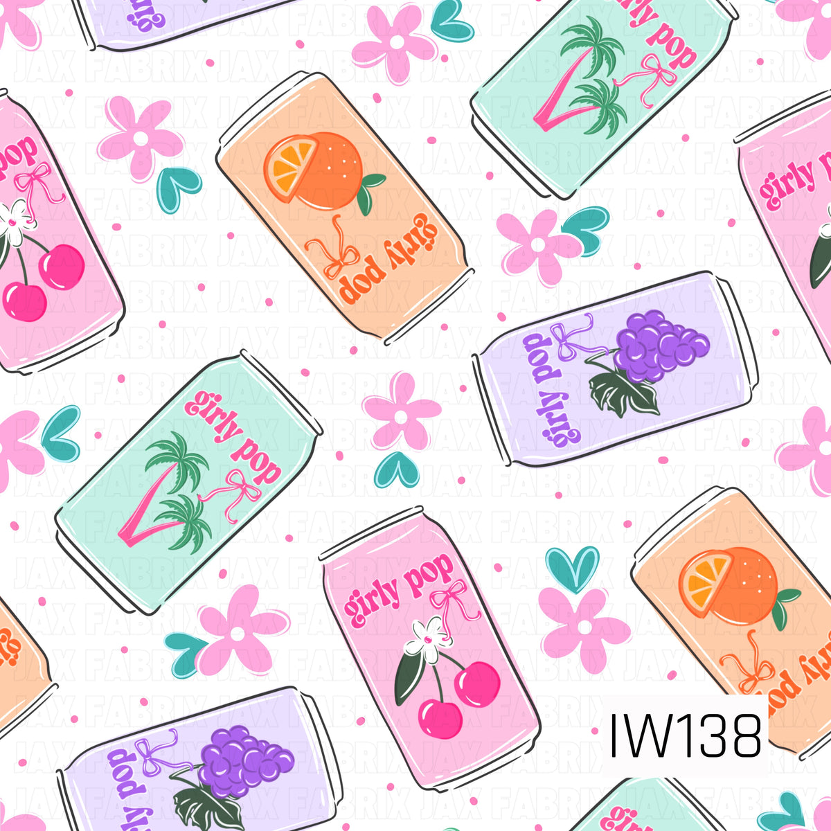 A fun and playful seamless print featuring retro-inspired soda cans scattered across a crisp white background with tiny pink polka dots. Colorful cans in pink, peach, turquoise, and lavender showcase cherries, grapes, oranges, tropical palm trees, and cute “girly pop” lettering. Scattered pink flowers, teal hearts, and dainty bow accents complete this sweet, nostalgic design.