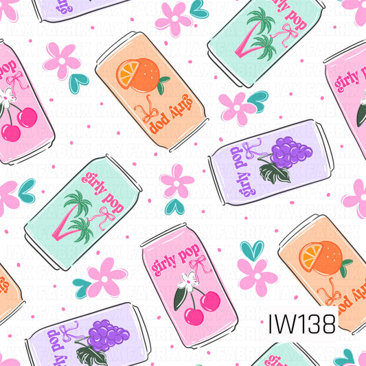 A fun and playful seamless print featuring retro-inspired soda cans scattered across a crisp white background with tiny pink polka dots. Colorful cans in pink, peach, turquoise, and lavender showcase cherries, grapes, oranges, tropical palm trees, and cute “girly pop” lettering. Scattered pink flowers, teal hearts, and dainty bow accents complete this sweet, nostalgic design.