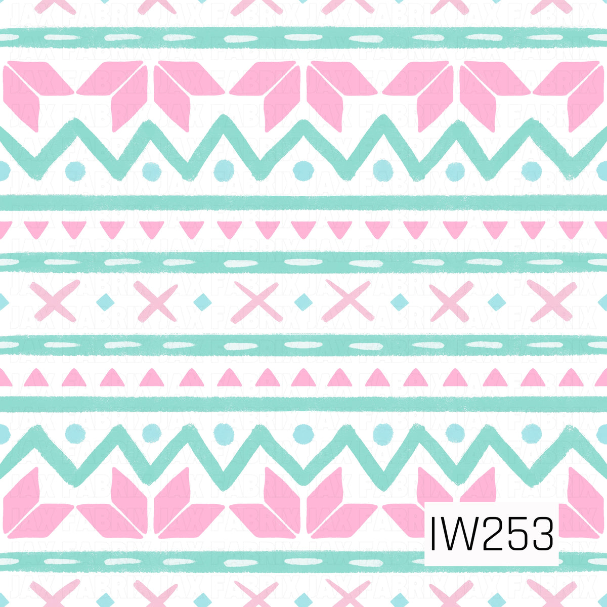 A playful Fair Isle-inspired pattern featuring horizontal rows of pastel pink and mint aqua geometric shapes on a crisp white background. Bold zigzags, snowflake-inspired motifs, tiny triangles, diamonds, dots, and decorative stripes create a whimsical winter design with a soft, hand-painted texture.