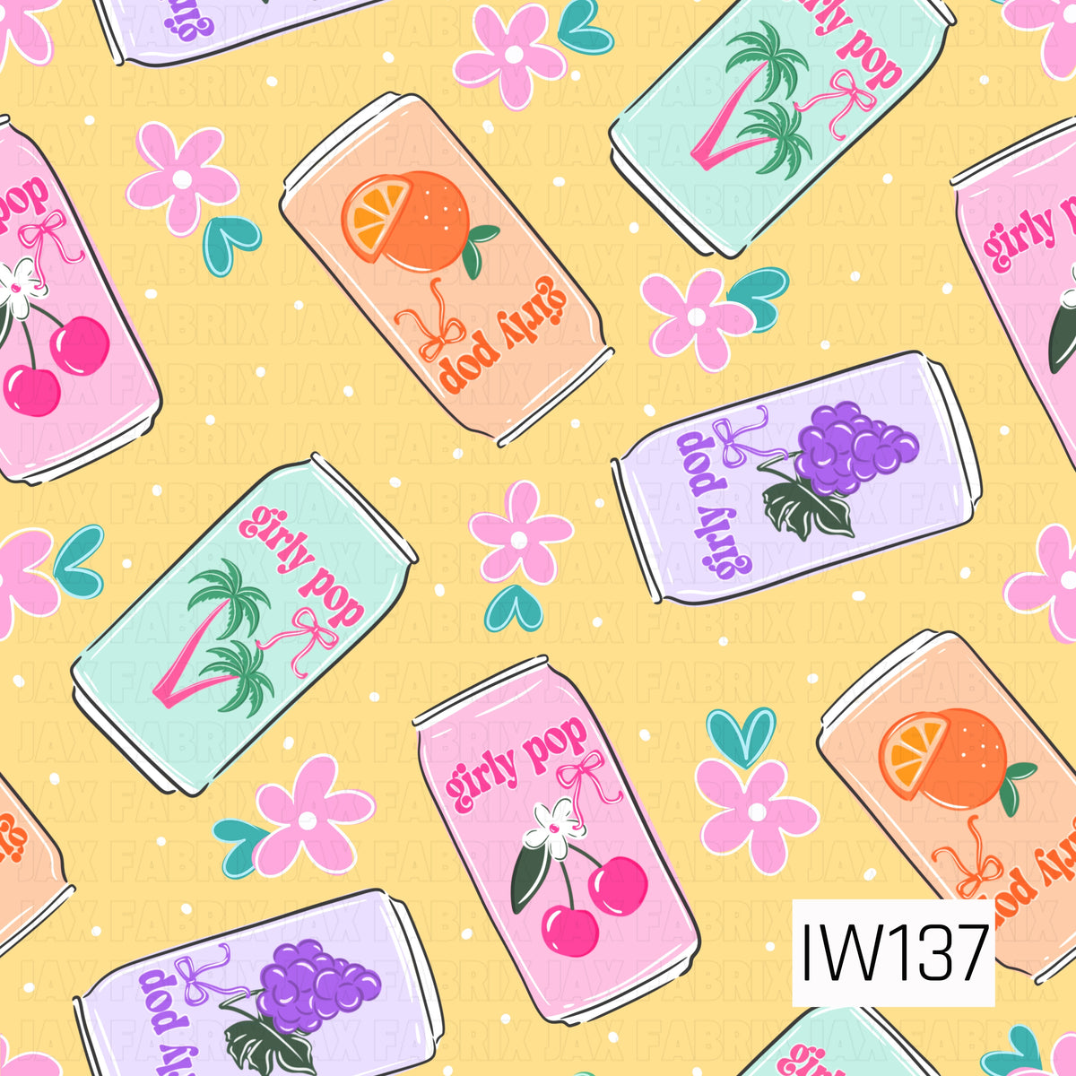 A fun and playful seamless print featuring retro-inspired soda cans scattered across a cheerful pastel yellow background with tiny white polka dots. Colorful cans in pink, peach, turquoise, and lavender showcase cherries, grapes, oranges, tropical palm trees, and cute “girly pop” lettering. Scattered pink flowers, teal hearts, and dainty bow accents complete this sweet, nostalgic design.