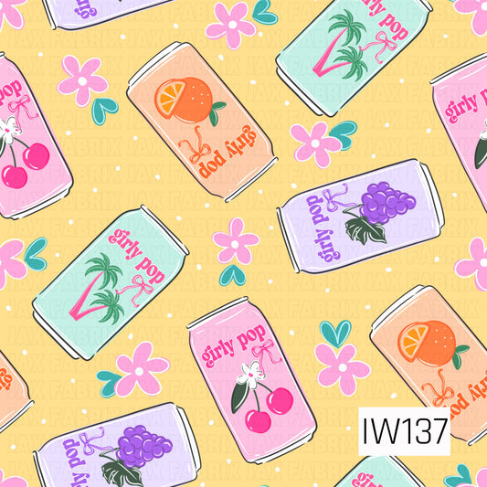 A fun and playful seamless print featuring retro-inspired soda cans scattered across a cheerful pastel yellow background with tiny white polka dots. Colorful cans in pink, peach, turquoise, and lavender showcase cherries, grapes, oranges, tropical palm trees, and cute “girly pop” lettering. Scattered pink flowers, teal hearts, and dainty bow accents complete this sweet, nostalgic design.