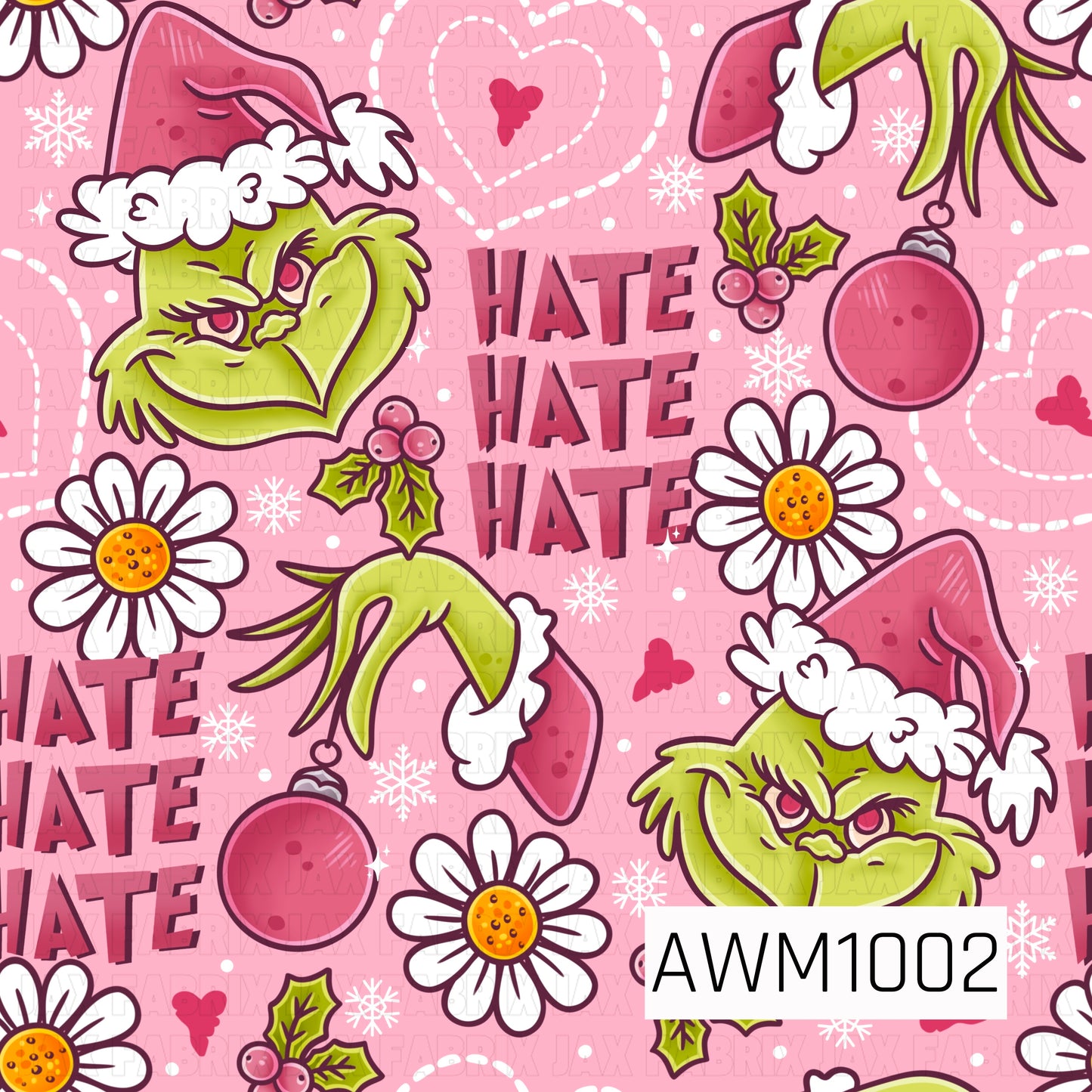 A playful holiday pattern featuring a mischievous green character in pink Santa hats alongside festive ornaments, holly berries, white daisies, and scattered snowflakes. A soft pink background is accented with bold “HATE HATE HATE” lettering, hearts, and whimsical holiday details for a fun, sassy Christmas look.
