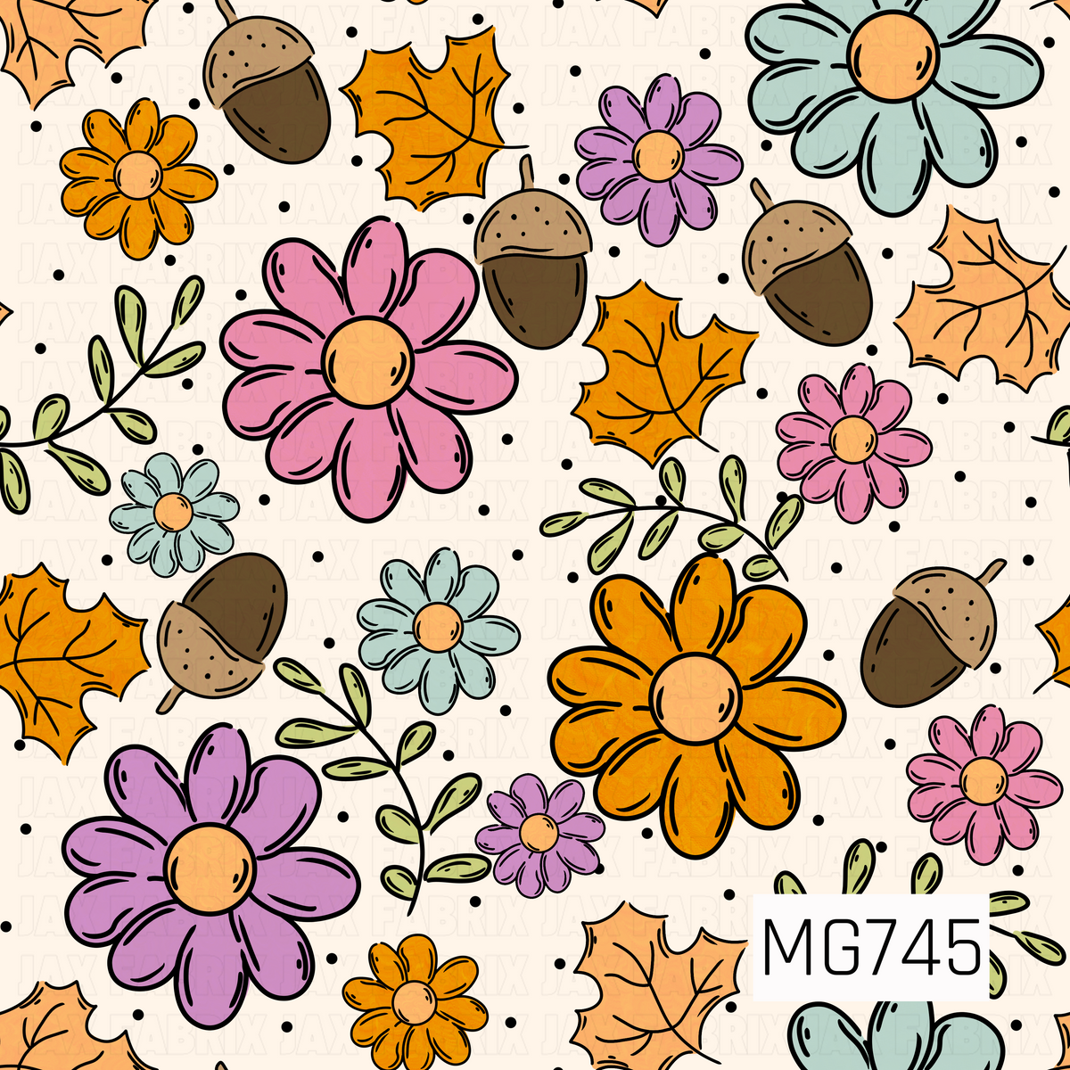 A playful fall floral pattern featuring oversized daisies in shades of pink, lavender, mustard orange, and soft teal, mixed with golden autumn leaves, brown acorns, and delicate green leafy sprigs. Scattered black polka dots add a whimsical touch against a warm, creamy beige background, creating a cheerful and colorful autumn design.