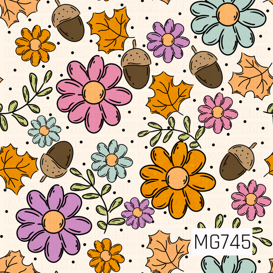 A playful fall floral pattern featuring oversized daisies in shades of pink, lavender, mustard orange, and soft teal, mixed with golden autumn leaves, brown acorns, and delicate green leafy sprigs. Scattered black polka dots add a whimsical touch against a warm, creamy beige background, creating a cheerful and colorful autumn design.