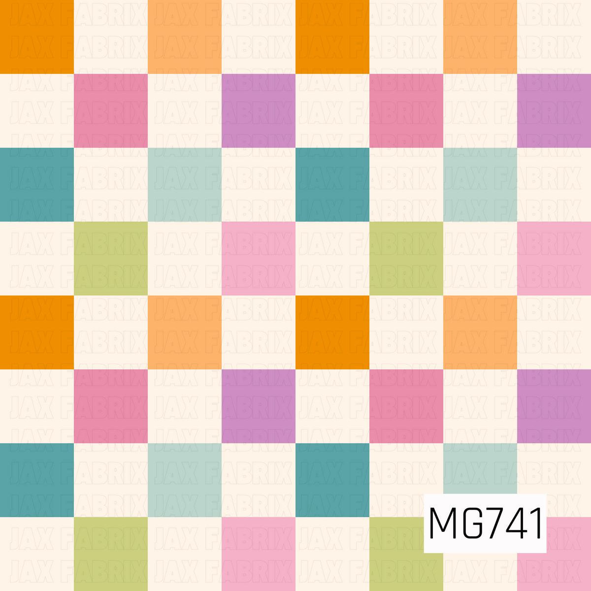 A bright and playful checkerboard pattern featuring alternating squares of vibrant orange, peach, pink, lavender, teal, sage green, and lime green against a soft cream background. The colorful mix creates a fun, retro-inspired design with a cheerful, girly feel.