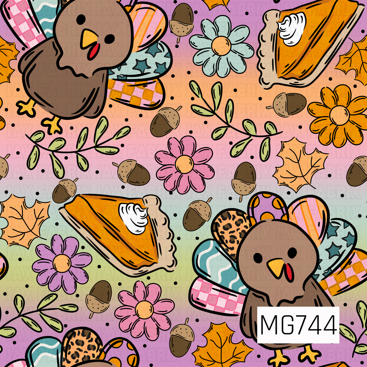 A whimsical Thanksgiving pattern featuring adorable brown turkeys with colorful patterned tail feathers in pink, teal, orange, lavender, and leopard print. Scattered slices of pumpkin pie topped with whipped cream, playful pink and orange daisies, autumn leaves, acorns, and delicate green sprigs fill the design against a dreamy pastel gradient background of pink, peach, mint, and lavender, creating a fun and girly fall look.