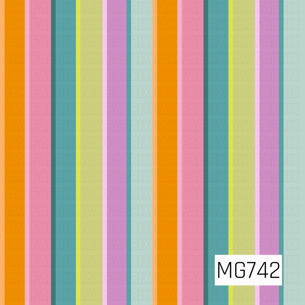 A bright and playful vertical stripe pattern featuring alternating bands of vibrant orange, bubblegum pink, teal blue, lime green, lavender, and soft sage. The stripes vary in width with thin contrasting accents, creating a cheerful, retro-inspired design with a fun and colorful feel.