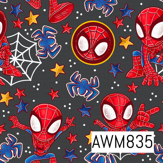 Action-packed superhero-inspired seamless pattern featuring masked web-slinging characters, spider icons, spiderwebs, stars, and comic-style accents on a dark charcoal background. Designed in bold red, blue, yellow, white, and black tones, this playful adventure-themed pattern captures a fun comic book aesthetic, making it perfect for fabrics, faux leather, bows, accessories, and crafting projects.