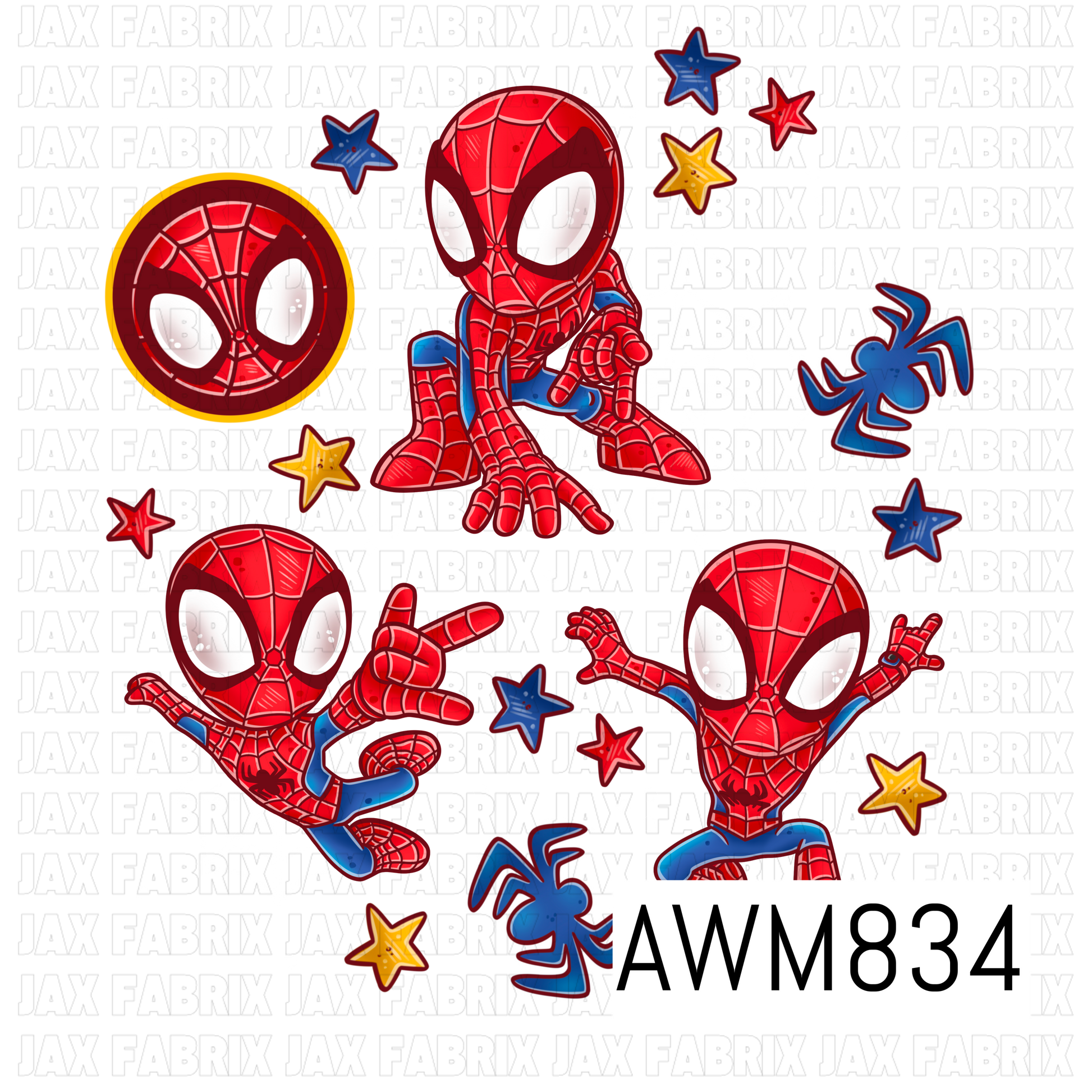 Superhero-inspired clipart collection featuring adorable masked web-slinging characters in action poses, accented with spiderwebs, spider icons, colorful stars, and comic-style details. Designed in bold red, blue, yellow, white, and black tones, this playful PNG set captures a fun adventure-themed aesthetic, making it perfect for sublimation, stickers, bow making, apparel, party decor, and crafting projects.