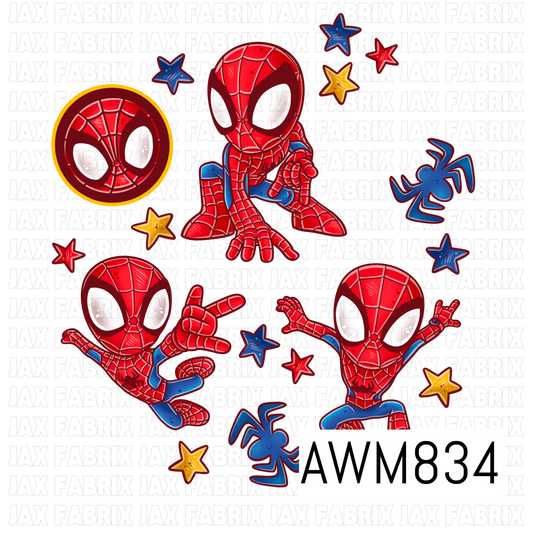 Superhero-inspired clipart collection featuring adorable masked web-slinging characters in action poses, accented with spiderwebs, spider icons, colorful stars, and comic-style details. Designed in bold red, blue, yellow, white, and black tones, this playful PNG set captures a fun adventure-themed aesthetic, making it perfect for sublimation, stickers, bow making, apparel, party decor, and crafting projects.