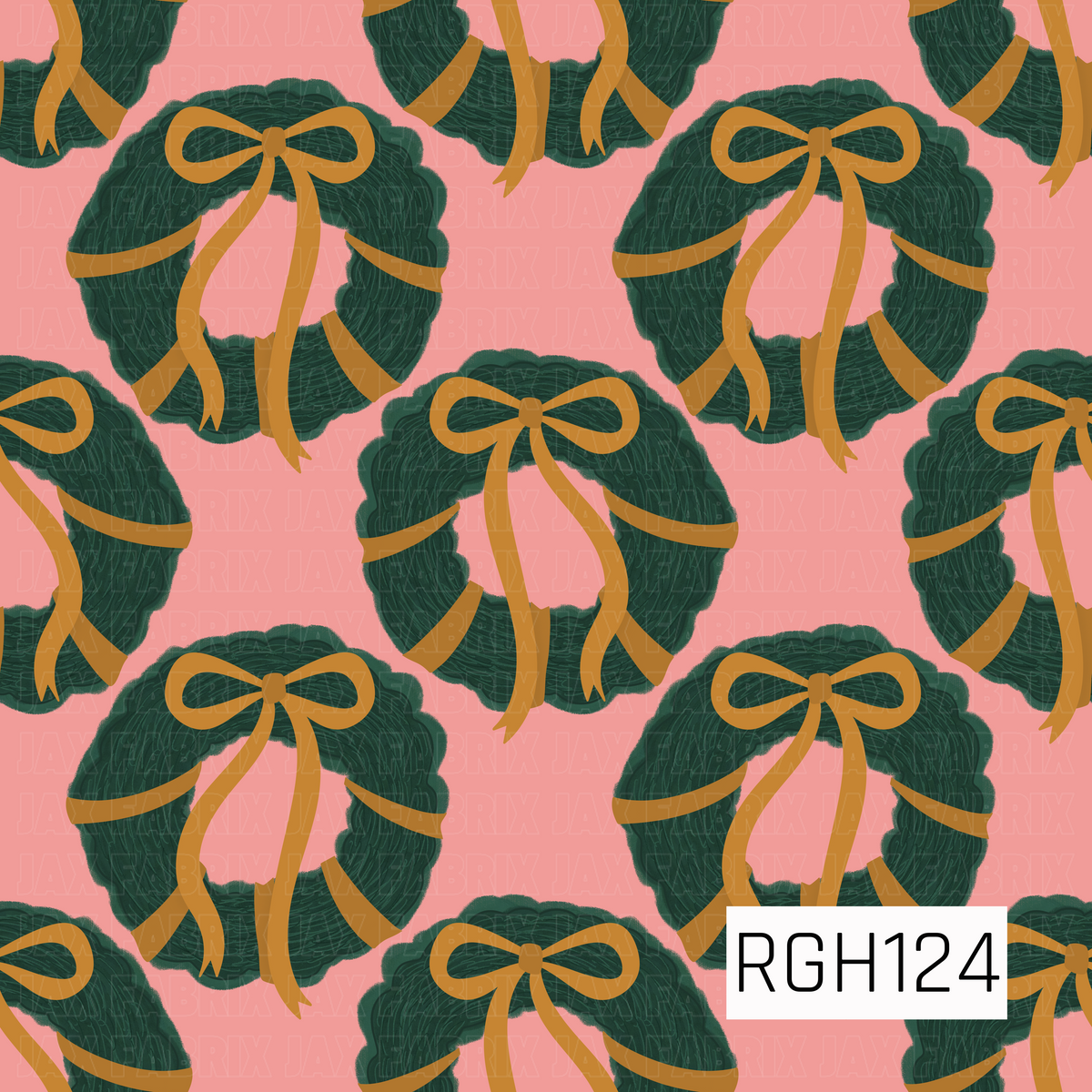 A festive Christmas wreath pattern featuring textured deep green wreaths wrapped with warm golden ribbon and topped with oversized gold bows. The wreaths are scattered across a soft pink background, creating a playful twist on classic holiday colors.
