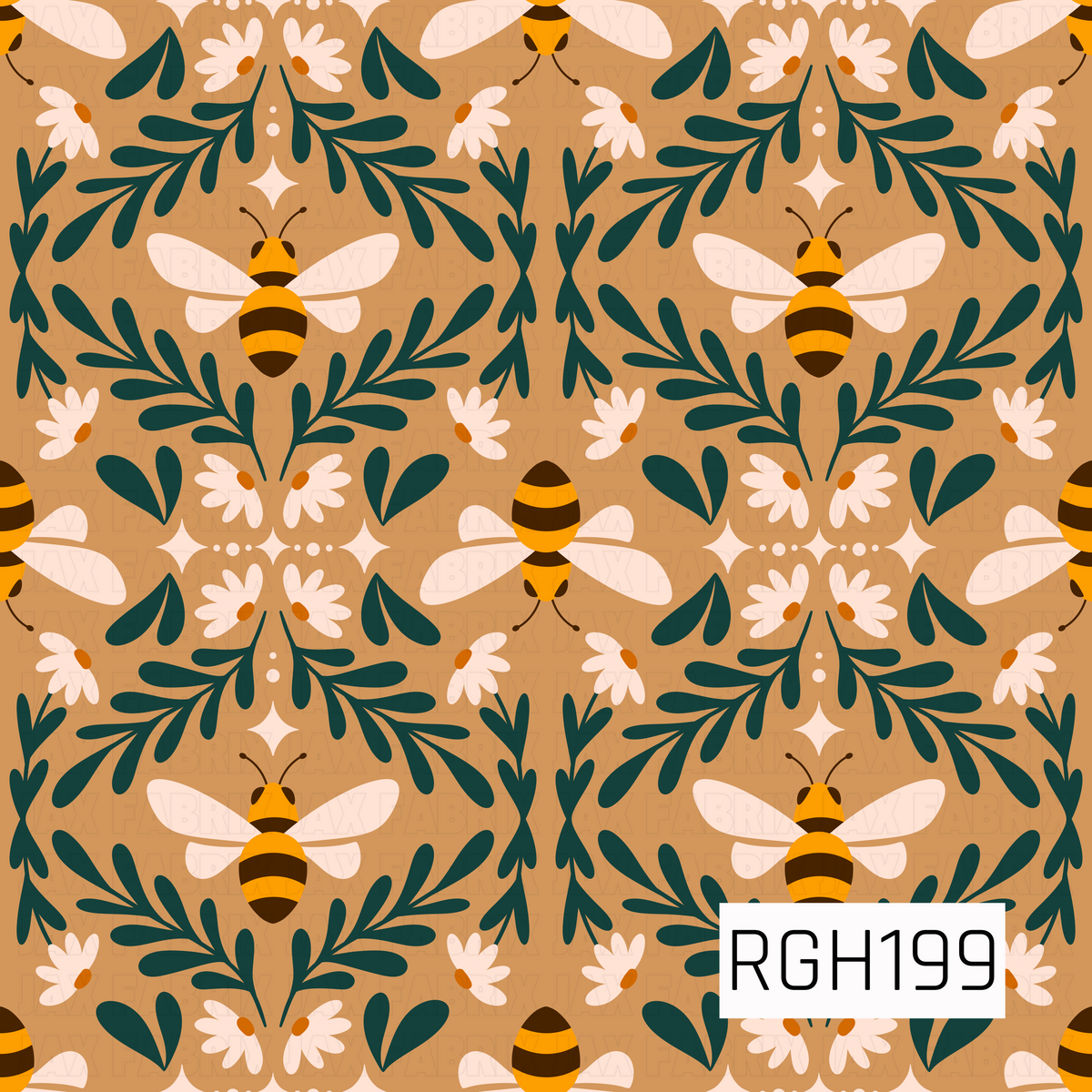 A charming, vintage-inspired bee and floral pattern featuring golden yellow and dark brown striped bees with soft cream wings, surrounded by delicate white daisies with warm orange centers and symmetrical deep forest green leafy branches. Set against a warm caramel tan background, the repeating design has a cozy, earthy feel with a whimsical folk-art style.