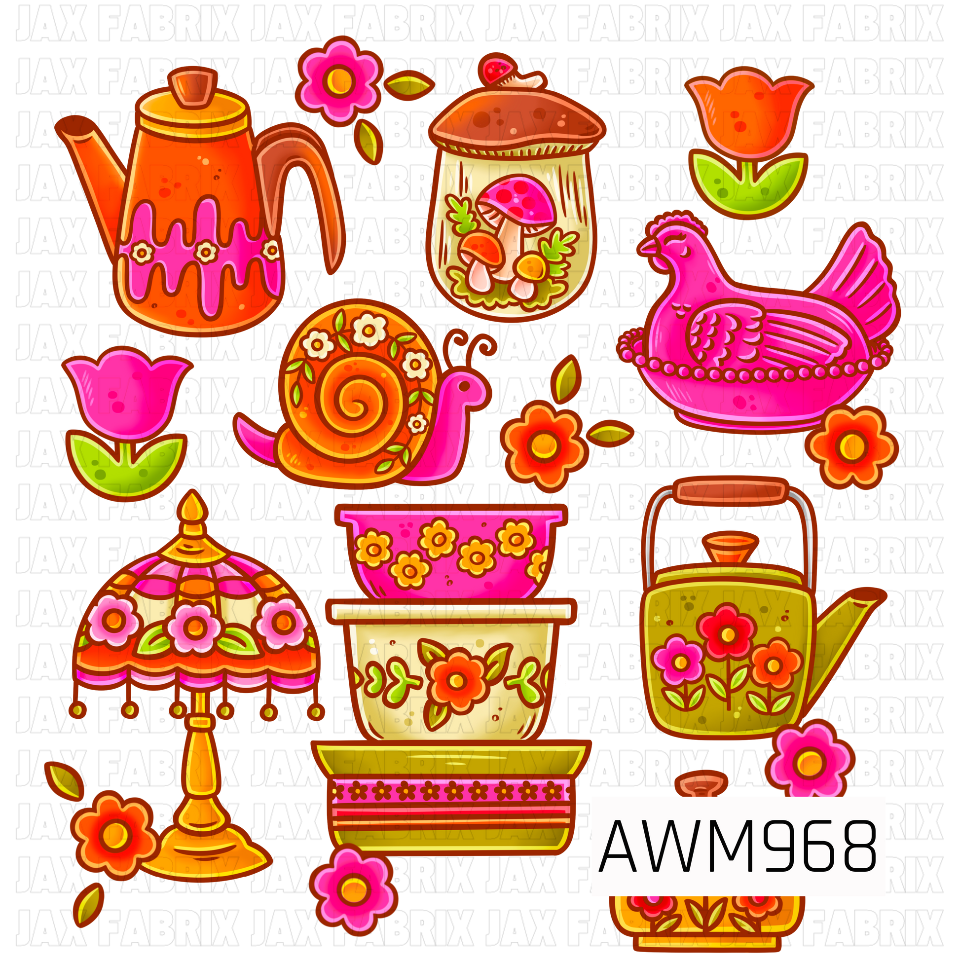 A retro-inspired design featuring whimsical vintage garden and cottagecore elements, including floral watering cans, decorative planters, blooming tulips, a colorful snail, a pink hen, a mushroom terrarium, and an ornate floral lamp. Bright shades of pink, orange, yellow, cream, and green stand out against a black background, creating a cheerful and nostalgic aesthetic perfect for sublimation, t-shirts, apparel, accessories, and other custom creations.
