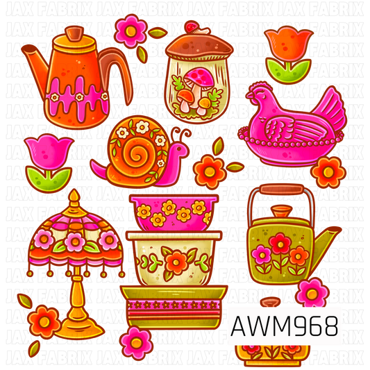 A retro-inspired design featuring whimsical vintage garden and cottagecore elements, including floral watering cans, decorative planters, blooming tulips, a colorful snail, a pink hen, a mushroom terrarium, and an ornate floral lamp. Bright shades of pink, orange, yellow, cream, and green stand out against a black background, creating a cheerful and nostalgic aesthetic perfect for sublimation, t-shirts, apparel, accessories, and other custom creations.
