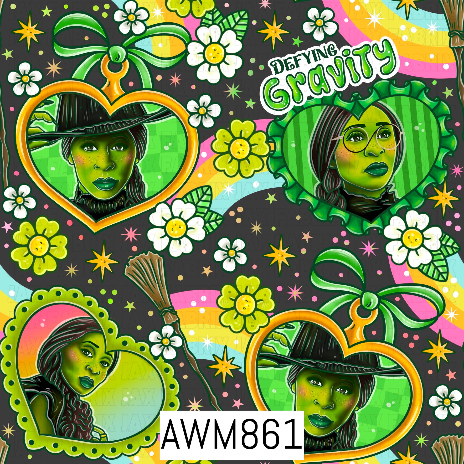 A magical witch-inspired design featuring multiple green-skinned character portraits displayed inside decorative heart-shaped frames with ribbon accents. Surrounded by colorful rainbows, flowers, stars, sparkles, and broomsticks, the artwork includes a whimsical “Defying Gravity” phrase in a vibrant palette of green, pink, yellow, and black, creating a charming enchanted fantasy aesthetic.