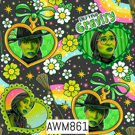 A magical witch-inspired design featuring multiple green-skinned character portraits displayed inside decorative heart-shaped frames with ribbon accents. Surrounded by colorful rainbows, flowers, stars, sparkles, and broomsticks, the artwork includes a whimsical “Defying Gravity” phrase in a vibrant palette of green, pink, yellow, and black, creating a charming enchanted fantasy aesthetic.