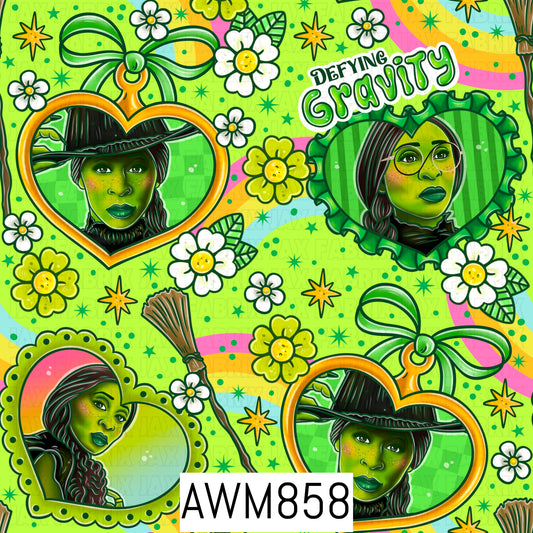 A bright witch-inspired fantasy design featuring green-skinned character portraits displayed inside decorative heart-shaped frames with ribbon accents. Surrounded by colorful flowers, stars, rainbows, sparkles, and broomsticks, the artwork highlights the whimsical “Defying Gravity” phrase in a vibrant lime green, yellow, pink, and black color palette, creating a playful and magical enchanted aesthetic.