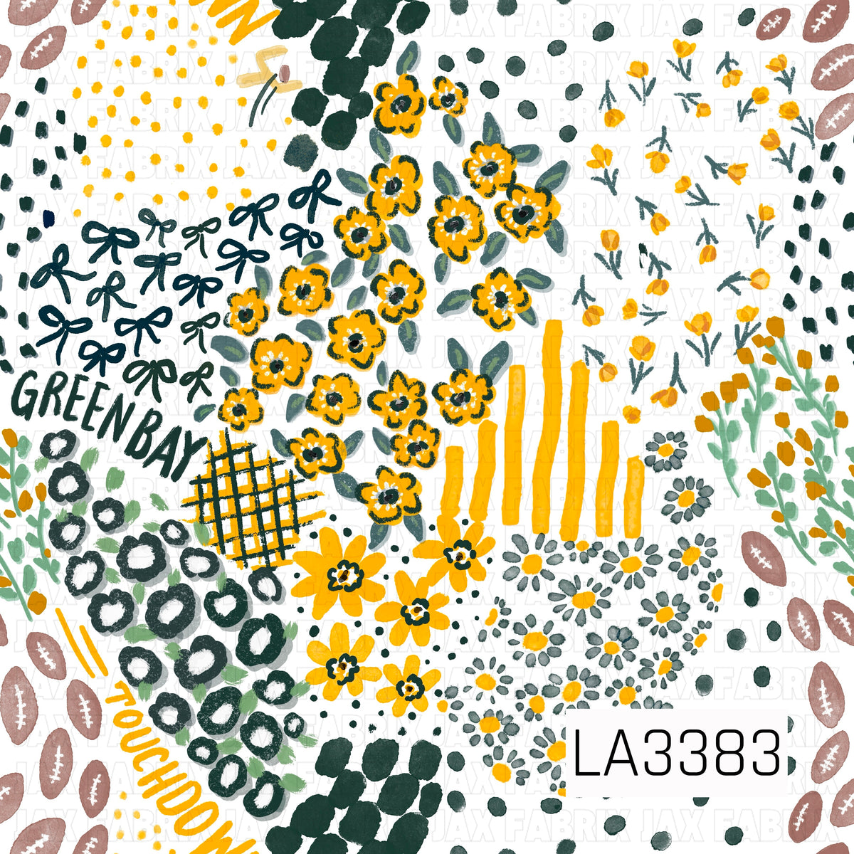 A playful Green Bay football-inspired print featuring deep green and golden yellow on a crisp white background. Hand-painted florals, bows, footballs, scattered dots, plaid details, stripes, and “Green Bay” and “Touchdown” lettering create a fun, artsy game day design.
