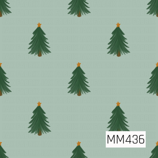 A simple Christmas pattern featuring hand-painted evergreen trees topped with warm golden stars. The trees are evenly scattered across a soft muted sage green background, giving the design a minimal, cozy, and classic holiday feel.
