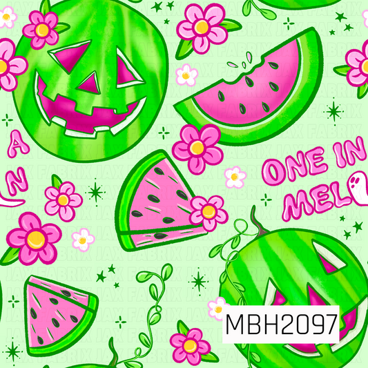 Pattern of watermelons with faces, slices, and flowers on a green background with 'ONE IN MELON' and flowers
